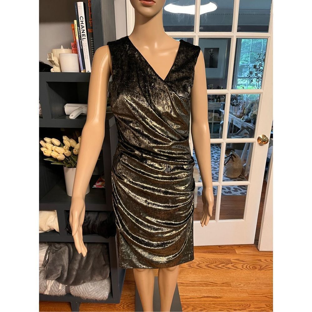 Nicole Miller Asymmetrical Gold Silver & Black Metallic Sexy Ruched Sleeveless D